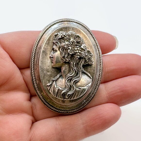 Sterling Cameo, Henryk Winograd, Vintage, Art Nouveau, Repoussé, Woman, Brooch
